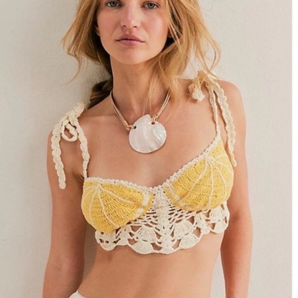 Free People Sweet On You Crochet Bralette Top in ivory/lemon